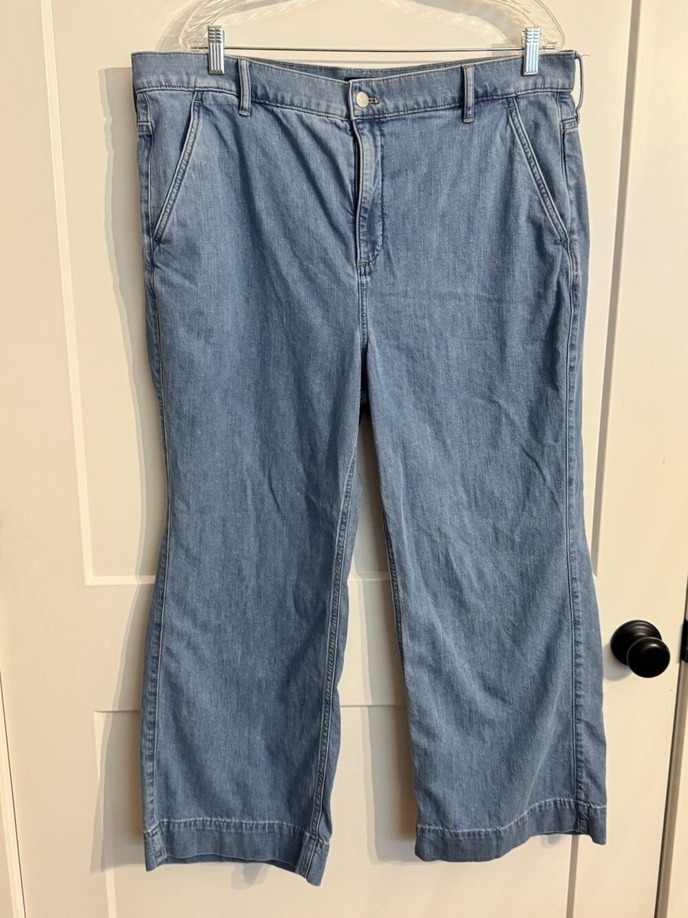 J. Crew Wide Leg Denim Trouser Pants Women 34P Coastal Navy Wash Preppy Jeans